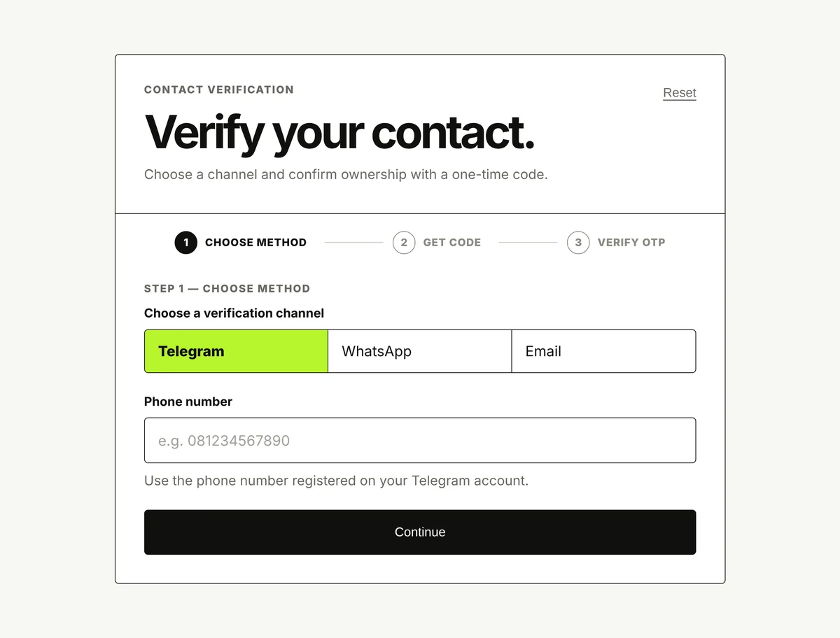 Contact verification screen with Telegram, WhatsApp and Email OTP options