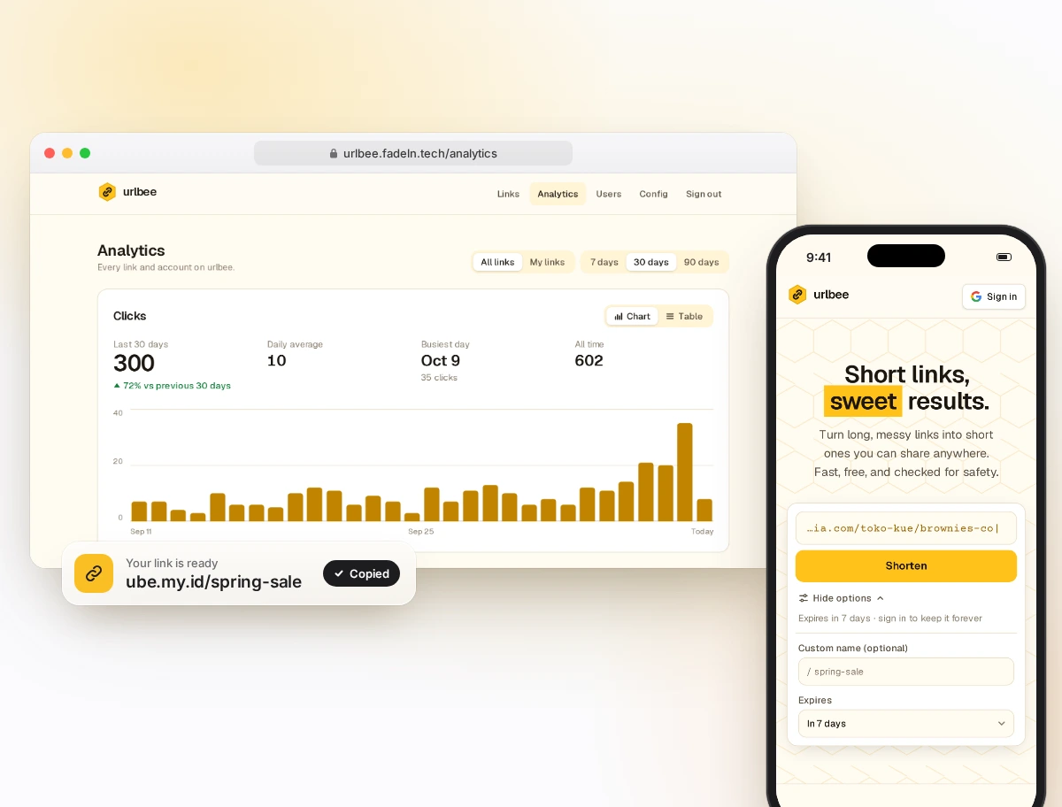 urlbee click analytics on desktop and the link shortener on iPhone